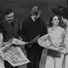 New York City Ballet production of "Jeux", Melissa Hayden, John Taras (choreographer), Raoul Pene DuBois (Set and costume designer), Allegra Kent and Edward Villella look at design sketches (New York)