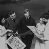 New York City Ballet production of "Jeux", Melissa Hayden, John Taras (choreographer), Raoul Pene DuBois (Set and costume designer), Allegra Kent and Edward Villella look at design sketches (New York)