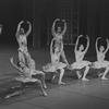 New York City Ballet production of "Divertimento No. 15" with Sara Leland, Carol Sumner, Suzanne Farrell, Marnee Morris and Suki Schorer, and Frank Ohman, Anthony Blum and Earle Sieveling at left, choreography by George Balanchine (New York)