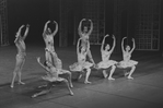 New York City Ballet production of "Divertimento No. 15" with Sara Leland, Carol Sumner, Suzanne Farrell, Marnee Morris and Suki Schorer, and Frank Ohman, Anthony Blum and Earle Sieveling at left, choreography by George Balanchine (New York)