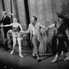 New York City Ballet production of "Firebird" in front of curtain opening night are Gloria Govrin, Jerome Robbins, Gelsey Kirkland, George Balanchine and Jacques d'Amboise, choreography by George Balanchine (New York)