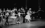 New York City Ballet production of "Mother Goose" Jerome Robbins takes a bow with cast (Deborah Koolish, Richard Hoskinson, Muriel Aasen, Daniel Duell, Robbins, Delia Peters), choreography by Jerome Robbins (New York)