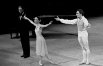 New York City Ballet production of "Sonatine": Patricia McBride and Jean-Pierre Bonnefous take a bow with pianist Gordon Boelzner, choreography by George Balanchine (New York)