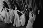 New York City Ballet production of "Vienna Waltzes", Jorge Donn, Karin von Aroldingen, Helgi Tomasson, Patricia McBride, George Balanchine, Sara Leland and Bart Cook take a bow in front of curtain, choreography by George Balanchine (New York)