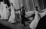 New York City Ballet production of "Vienna Waltzes" with Karin von Aroldingen, Suzanne Farrell, George Balanchine and Patricia McBride taking a bow in front of curtain, choreography by George Balanchine (New York)