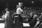 New York City Ballet production of "Tricolore" Jerome Robbins and conductor Robert Irving, seated are composer Georges Auric and conductor Hugo Fiorato (New York)