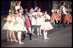 New York City Ballet production of "Coppelia"; scene from Act I with Michael Arshansky, Patricia McBride as Swanilda and Helgi Tomasson as Franz, choreography by George Balanchine and Alexandra Danilova after Marius Petipa (Saratoga)