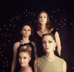 New York City Ballet - Studio photo of (Front L-R) Violette Verdy and Mimi Paul, (Back L-R) Patricia McBride and Suzanne Farrell wearing expensive jewels to advertise "Jewels", choreography by George Balanchine (New York)