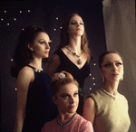 New York City Ballet - Studio photo of (Front L-R) Violette Verdy and Mimi Paul, (Back L-R) Patricia McBride and Suzanne Farrell wearing expensive jewels to advertise "Jewels", choreography by George Balanchine (New York)