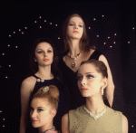 New York City Ballet - Studio photo of (Front L-R) Violette Verdy and Mimi Paul, (Back L-R) Patricia McBride and Suzanne Farrell wearing expensive jewels to advertise "Jewels", choreography by George Balanchine (New York)
