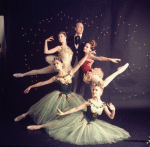 New York City Ballet - Studio photo of (front L-R) Violette Verdy and Mimi Paul, Patricia McBride in red, George Balanchine and Suzanne Farrell in white, in "Jewels", choreography by George Balanchine (New York)