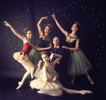 New York City Ballet - Studio photo of George Balanchine (C) with Patricia McBride in red, Suzanne Farrell in white, Violette Verdy center back and Mimi Paul in "Jewels", choreography by George Balanchine (New York)