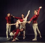 New York City Ballet - Studio photo of Marnee Morris (C) with Deni Lamont (kneeling) and (L-R) Robert Weiss, Paul Mejia and Richard Dryden in "Jewels", choreography by George Balanchine (New York)