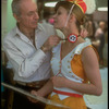 New York City Ballet production of "Tricolore" with designer Rouben Ter-Arutunian checking Karin von Aroldingen's costume at Karinska's shop (New York)