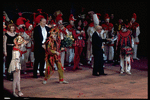 New York City Ballet production of "Pulcinella" conductor Robert Irving, George Balanchine, designer Eugene Berman shaking hands with Jerome Robbins, choreography by George Balanchine (New York)