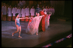 New York City Ballet production of "Persephone" with Vera Zorina taking a bow with Gen Horiuchi, male singer and Karin von Aroldingen, choreography by George Balanchine, John Taras and Vera Zorina (New York)
