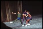 New York City Ballet production of "Four Chamber Works" (Octet) with Douglas Hay held by Christopher d'Amboise, Jean-Pierre Frohlich and Christopher Fleming, choreography by Jerome Robbins (New York)