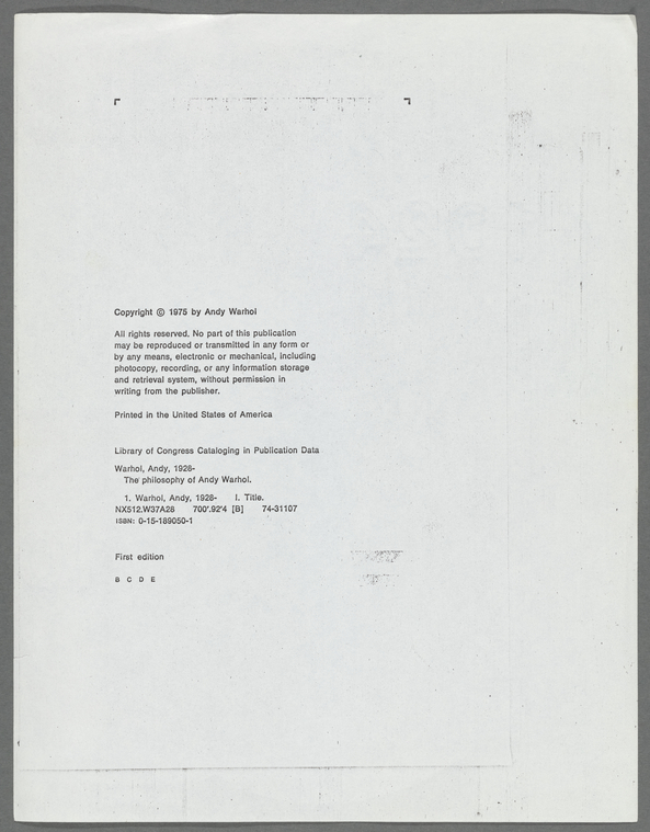 Copyright page of "The Philosophy of Andy Warhol" manuscript