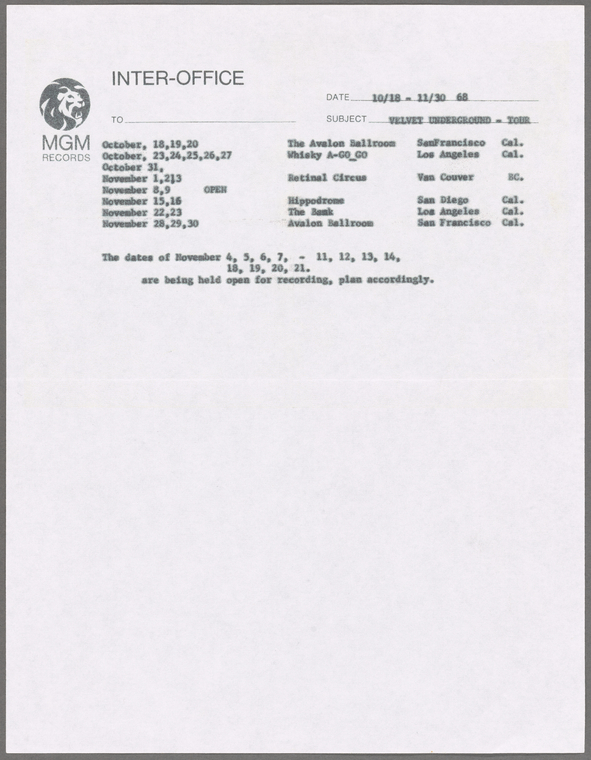 Velvet Underground Tour Itinerary October 18 - November 30, 1968